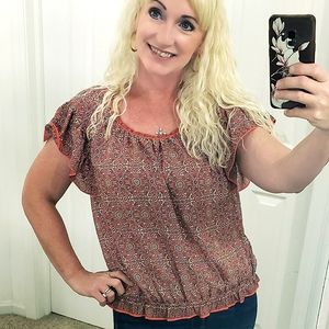 NWT Max Studio Coral Bohemian, Ruffled Cap Sleeve Blouse szL